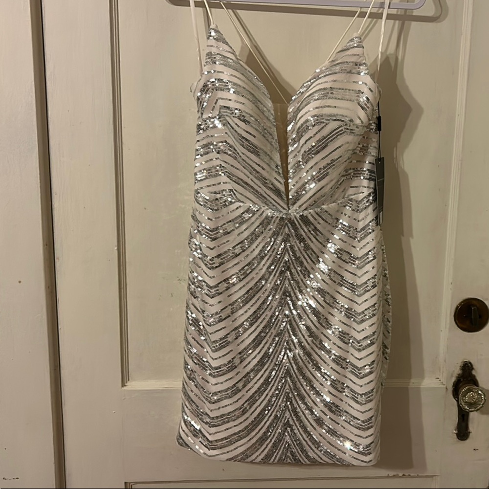 Silver and White Sequin Mini Dress with Spaghetti Straps